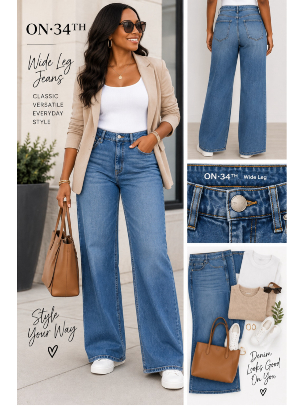ON 34TH Wide Leg Jeans Women’s 14W Medium Wash High Rise Stretch Denim